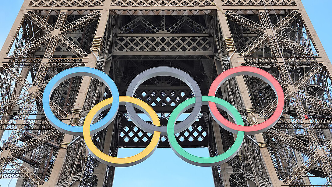 Olympic rings on the Eiffel Tower, Paris 2024, France