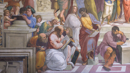 Rafael Sanzio, Escuela de Atenas (detalle). La filosofía de los números plantea una estructura conceptual compleja y sin límites definidos, tanto en origen como en fin, que se despliega en un universo simbólico y matemático