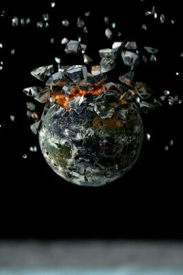 A world exploding with pieces flying up, exposing the fiery core, representing the trouble underneath the surface as the friction between countries increase