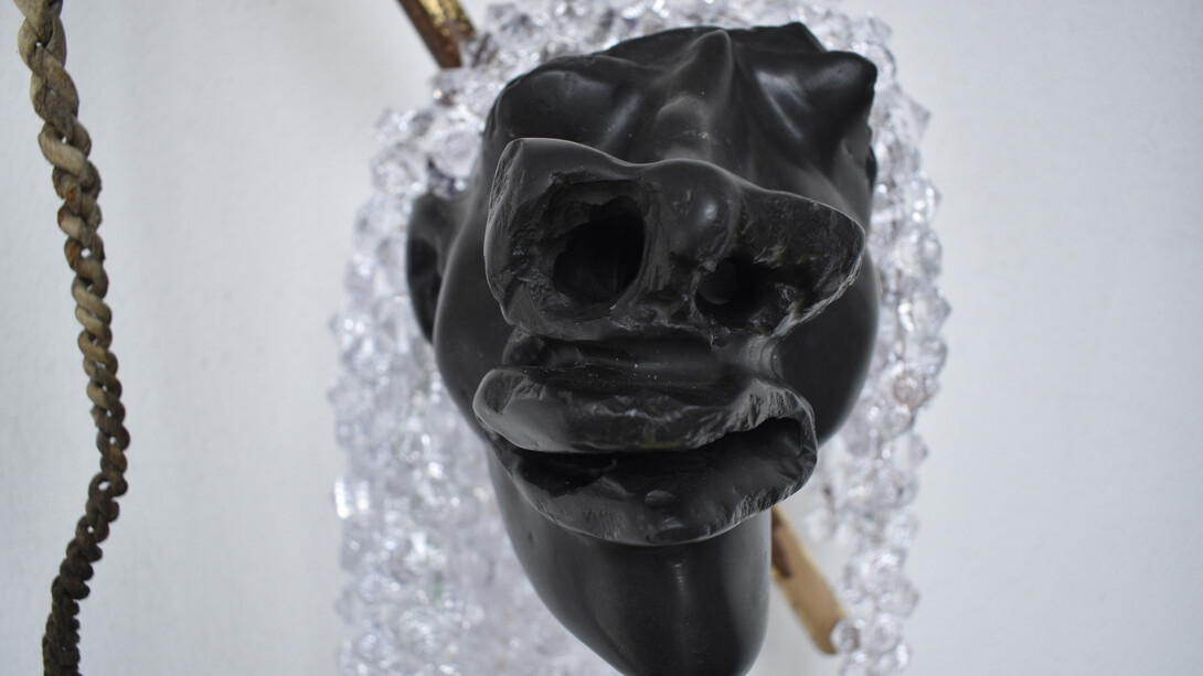 Terrence Musekiwa, Mbavha yesirivhera nendarama, 2023, springstone, wooden and leather riding stick, crystal plastic beads and aluminum, 15x10x13inches, detail, image courtesy of Catinca Tabacaru Gallery. Courtesy of the artist and Emerson Dorsch Gallery