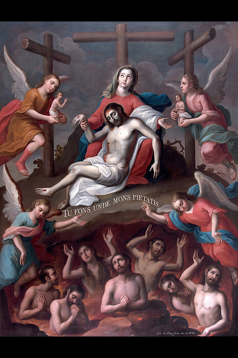 Pietà and Souls in Purgatory (Virgen de la Piedad y ánimas del purgatorio), José de Páez (Mexican, 1720–ca. 1790), 1775, Mexican, Oil on canvas (Óleo sobre lienzo), 82 11/16 × 63 3/4 in. (210 × 161.9 cm). Courtesy of Nacional Monte de Piedad, Mexico City (Ciudad de México)