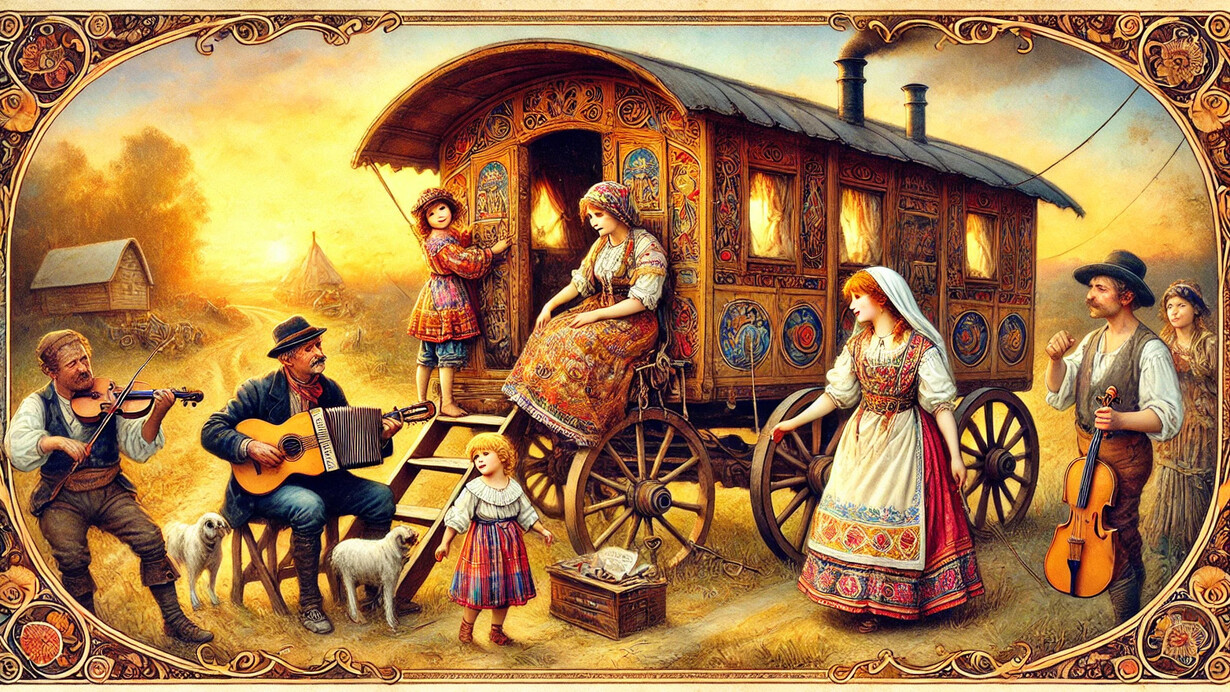 Eleonora de niña, con sus padres y artistas callejeros. Las reconstrucciones en IA de éste artículo pertenecen a Patrizia Boi 