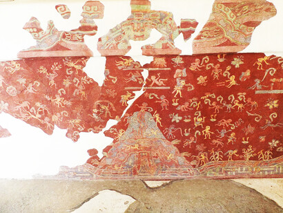"Paraíso de Tláloc", mural del Palacio de Tepantitla en Teotihuacán, México. Representa a pobladores con ropas cotidianas que realizan sus actividades diarias, jugando y recogiendo flores