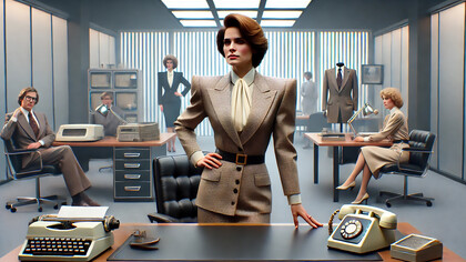 A professional woman stands confidently in a corporate office, her bold attire symbolizing the era's spirit of ambition, authority, and women's empowerment in the workplace