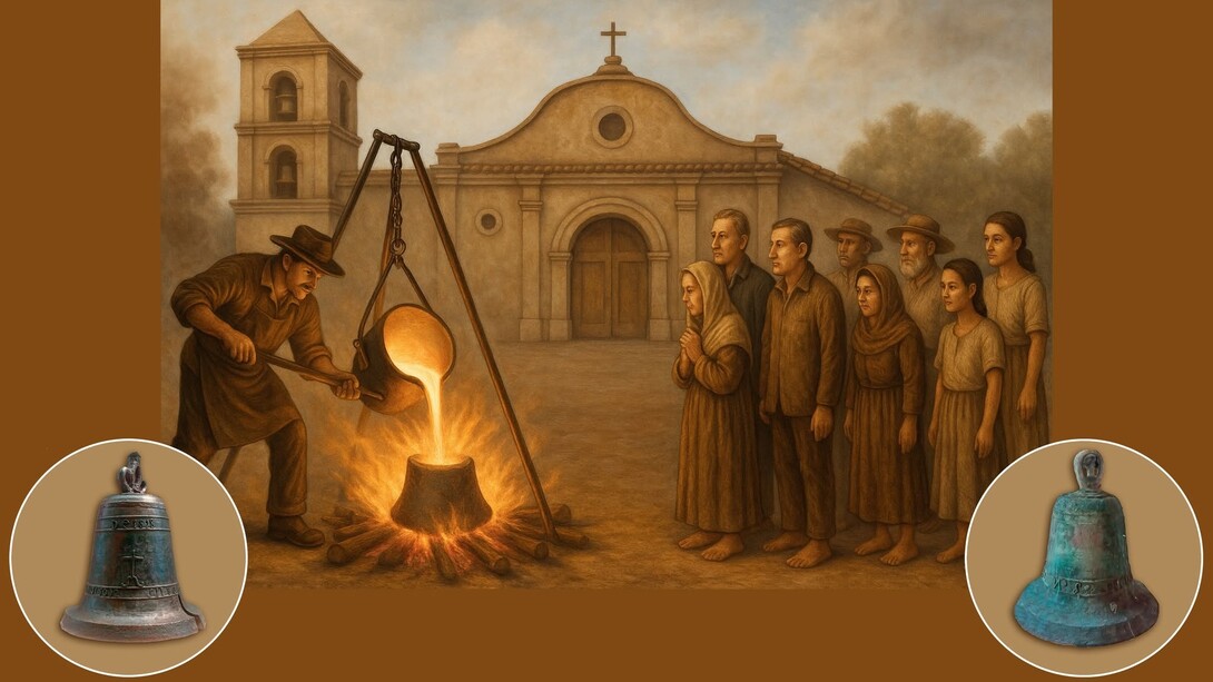 Esta ilustración, generada con IA, muestra un cuadro idealizado de la fundición de la Campana de la Independencia, frente a la iglesia de Los Ángeles, en 1818. Abajo a la izquierda, la Campana de la Independencia, también conocida como Campana de la Libertad; a la derecha, la campana “Consesion” de Heredia. Cortesía de Florentino Leiva Ortega, 2025