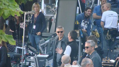 George Clooney and Tiziano Buccarello during the filming of “The American,” shot in Sulmona, Abruzzo, Italy