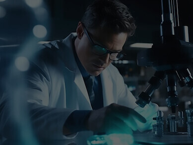 A scientist, displaying a focused and serious demeanor, meticulously analyzes specimens through a microscope while working in the laboratory