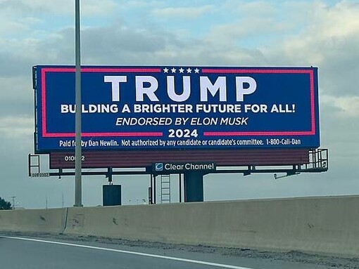 Cartellone autostradale "Per costruire un futuro più luminoso per tutti, sostenuto da Elon Musk", 2024