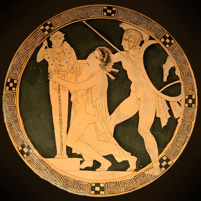 Mujeres como botín de guerra: Áyax el Menor, tomando a Casandra; cílica de cerámica de figuras rojas, ca. 440-430 a.C. Museo del Louvre, Paris, Francia