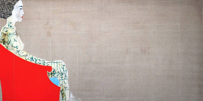 Jason Noushin, Sonnet III, 2016, oil, ink, cement, plaster, pencil. tea and encaustic on linen, 46 x 72 inches. 