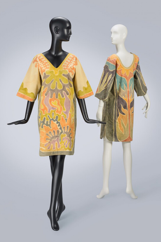 K. Lee Manuel, Tunic blouses 1964–1965. Cotton, hand-painted, (L) 97 x 113 cm (38 3/16 x 44 1/2 in.); (R) 96.8 x 117.3 cm (38 1/8 x 46 3/16 in.). Gift of Barbara Feigel,  (L) 1190.57.4; (R) 1990.57.2