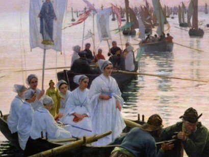 Alfred Guillou, _Arrivée du pardon de sainte Anne de Fouesnant à Concarneau _(détail), 1887, huile sur toile, 281,5 x 221 cm, Musée des Beaux-arts de Quimper