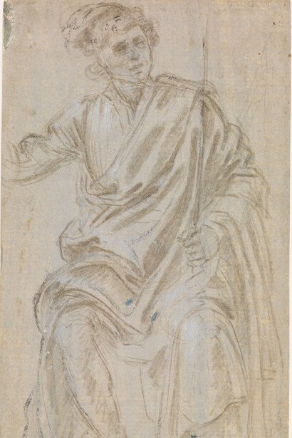 Filippino Lippi, Studio per un uomo seduto che reca una spada o un bastone, Punta metallica con tocchi di biacca, su carta preparata in colore grigio azzurro, mm 196 x 106
Firenze, Gabinetto Disegni e Stampe degli Uffizi, inv .n. 204 
