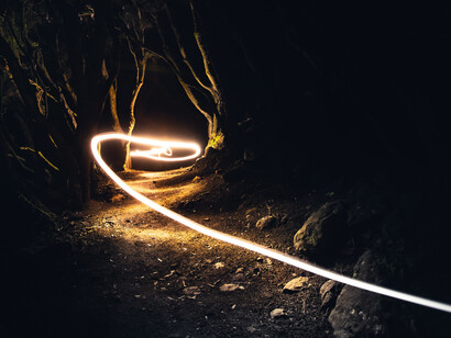 A trail of energy disappears into a hole in the forest