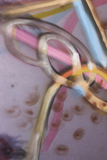 Julian Schnabel, Untitled (detail), 2015, Inkjet print, spray paint on polyester, 111 x 102 inches (281.9 x 259.1 cm)