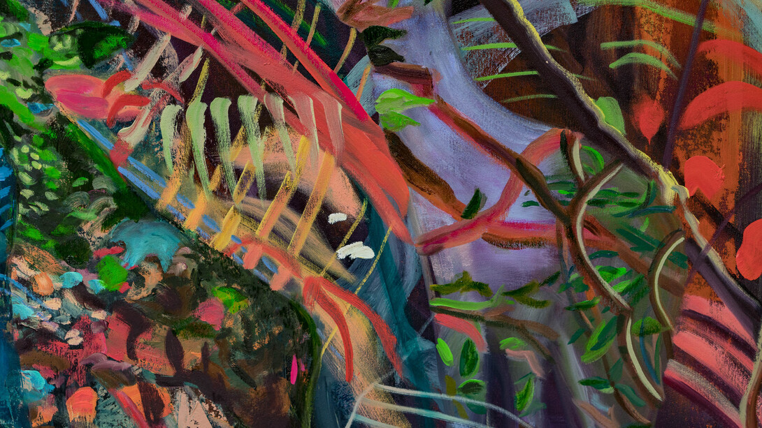 Maia Cruz Palileo, The Sleeping Mountain (detail), 2023, flash and oil on canvas. Courtesy of the artist and Monique Meloche Gallery