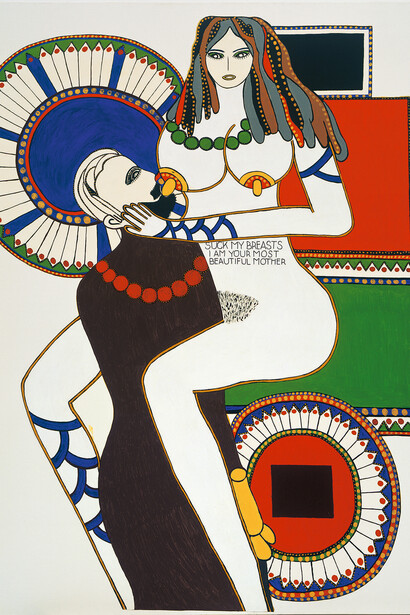 Dorothy Iannone, Suck my breast I am your most beautiful mother, 1970-1971, Collage, colore acrilico su tela, 190 x 150 cm, Collezione privata, Milano
