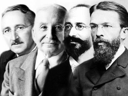 Escola Austríaca de Economia: Carl Menger, Eugen von Böhm-Bawerk, Ludwig von Mises e Friedrich Hayek. Suas origens remontam ao final do século XIX, em Viena, onde uma série de economistas desenvolveu uma abordagem distinta, fundamentada em princípios que desafiavam as convenções econômicas de sua época. Ao longo de sua evolução, a escola austríaca tem atraído tanto seguidores fervorosos quanto críticos, especialmente pela sua ênfase na liberdade individual, na importância do processo de mercado e na rejeição de intervenções governamentais excessivas
