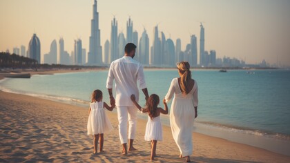 A happy family of three walking along the beach with the Dubai skyline in the background, representing expat family life in Dubai