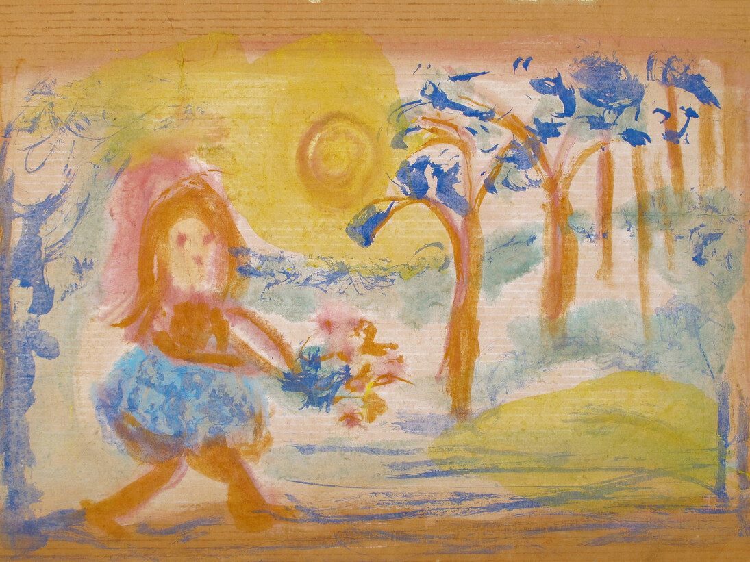 Sybil Gibson, Landscape with Girl and Flowers, 1970-1979, Tempera on cardboard, 23 x 31.5 inches; 58.4 x 80 cm
