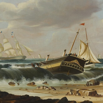 Thomas Chambers
American, born England, ca. 1808‒1869
Rockaway Beach, New York, with the Wreck of the Ship “Bristol”
ca. 1837‒40
Oil on canvas
21 ¾ x 30 3/8 in. (55.2 x 77.2 cm)
Sidney and Lois Eskenazi Museum of Art, Morton and Marie Bradley Memorial Collection