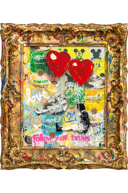 Mr. Brainwash (b. 1966) Love Is In The Air, 2023, Silkscreen and Mixed Media on Canvas Panel with Splashed Frame 41.25 x 36 in
 