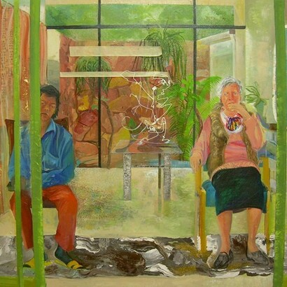Daphne Arthur, The NOse, 2014, Oil, caulking, tape on canvas, 42" x 47.75" x 1"