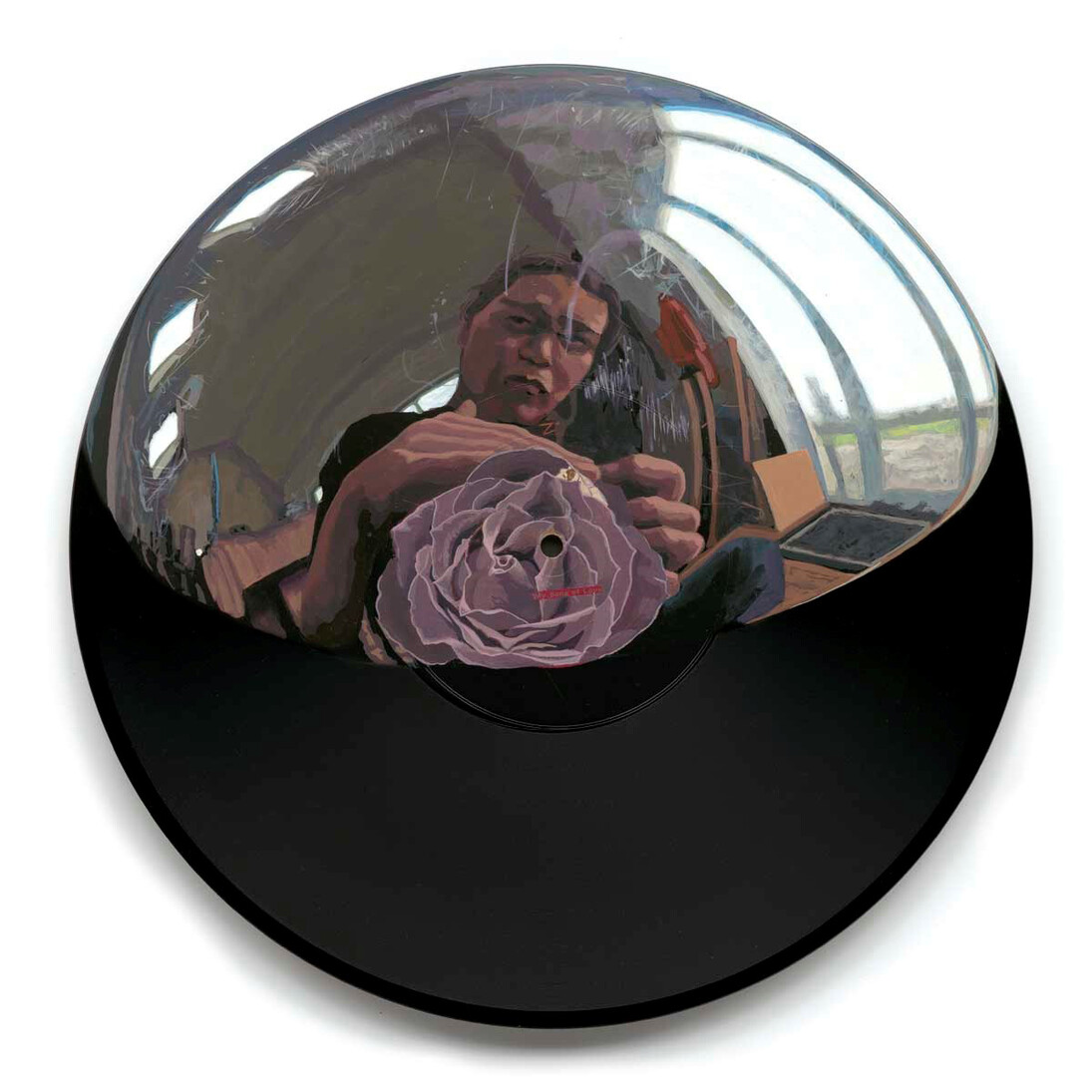 Catherine Barron, Shush, quiet my heart, acrylic ink on 12-inch bakelite record