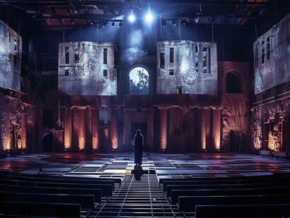 Immagine Midjourney rielaborata usando i fondali teatrali del 600 con le sue architetture effimere, nel teatro continuo di Burri a Milano e nei teatri classici di Siracusa, Pompei e nel teatro Andromeda