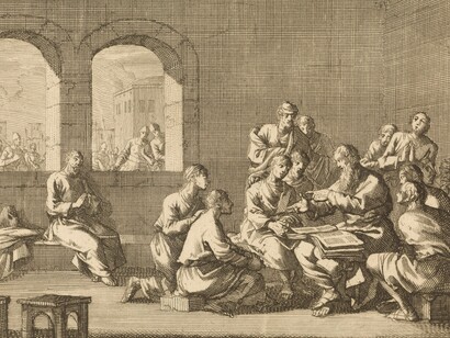 Orígenes con sus alumnos: ilustración de Jan Luyken (1700)