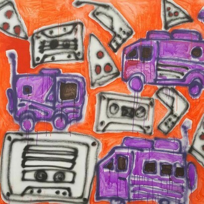 Katherine Bernhardt, Vans, Cassette Tapes, and Pizza, 2013, Flash, acrylic, and spray paint on canvas, 77 x 83 in