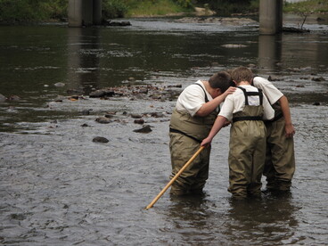 Durante el trabajo «Niños en el arroyo», los alumnos van rotando por cuatro estaciones: química del agua, salud de la cuenca hidrográfica, muestreo de peces y muestreo de invertebrados acuáticos. Condado de Haywood, río Pigeon.Carolina del Norte, EE.UU.