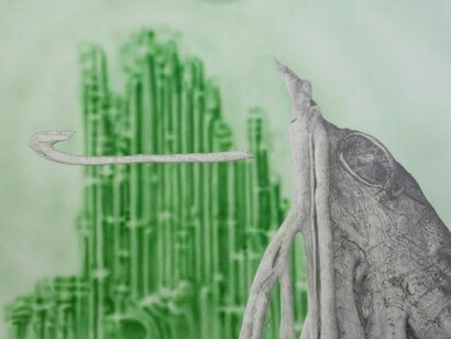 Jim Shaw, Oden's Broken Staff and Emerald City Asgard, 2013, Pencil and airbrush on paper, 22 1/4 x 30 1/4 in (56.52 x 76.84 cm)