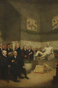 The Trustees in the Temporary Elgin Room, 1819, by Archibald Archer, depicts the Elgin Marbles at the British Museum surrounded by museum staff, a trustee, and visitors