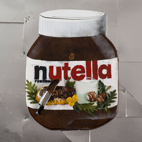 Marcello Reboani, Nutella, 2015, tecnica mista con materiali di recupero, 62 x 62 cm, ph Giorgio Benni