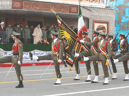 Iranian military personnel taking part in a ceremonial parade in Tehran, Iran