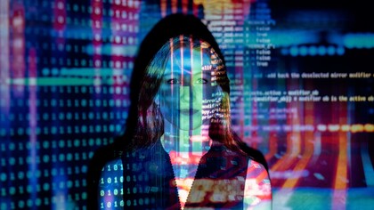 Person with computer code over their body and face