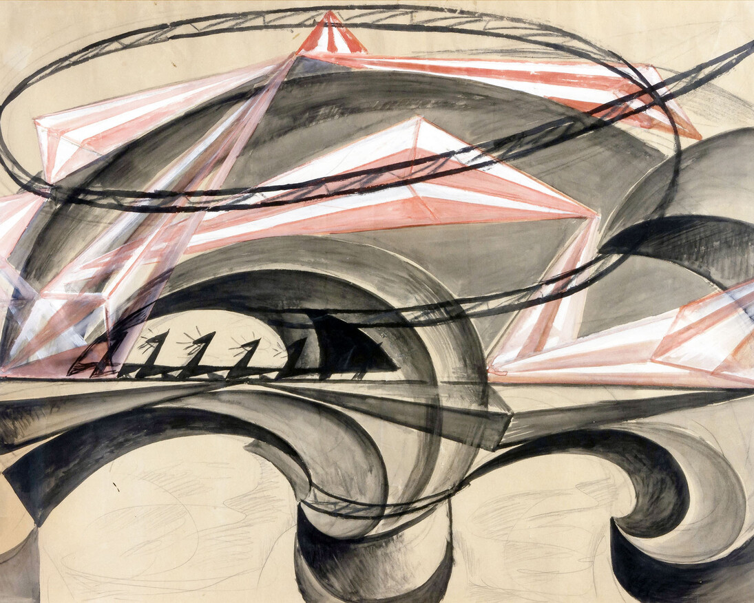 Giacomo Balla, Ponte della velocità, olio magro su carta, 68 x 96 cm. Collezione privata
