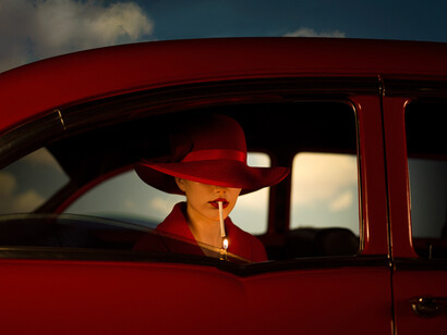 Tyler Shields, The Girl In The Red Car, 2021, chromogenic print on Kodak Endura luster paper mounted to Dibond with acrylic face
54 x 72 inches. Edition of 3 plus 2 APs. Courtesy the artist and Casterline|Goodman Gallery
