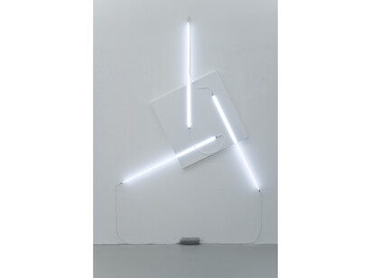 François Morellet, Néons 3D  65°-90°-25°, 2015, acrylic on canvas on wood, 3 white neon tubes, high voltage cable and transformer; 246 x 201 cm / (96⅞ x 79⅛ in). Edition 2 of 3 © the artist, image Courtesy of François Morellet and Blain|Southern, Photo: Atelier Morellet 