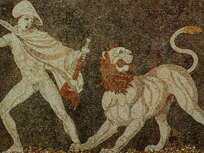 Alejandro se enfrenta a un león en un mosaico de finales del siglo IV a.C. actualmente en el Museo de Pela
