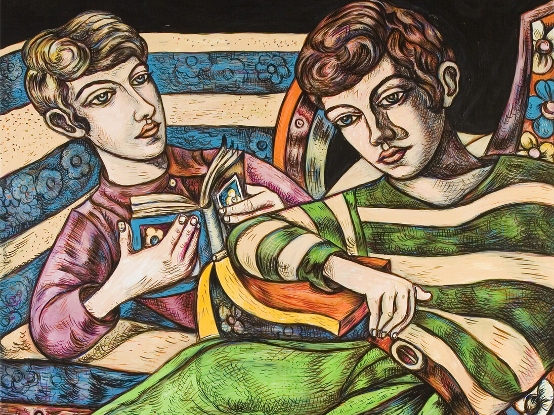 Reading Allowed (detail), oil on paper, © Adrian Wiszniewski, courtesy of Flowers Gallery