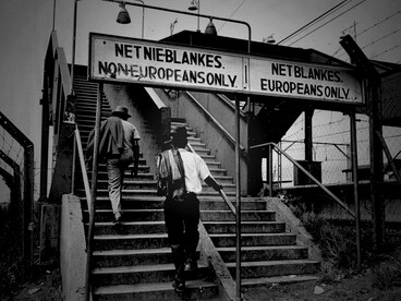 Signs at a South African train station during the apartheid period