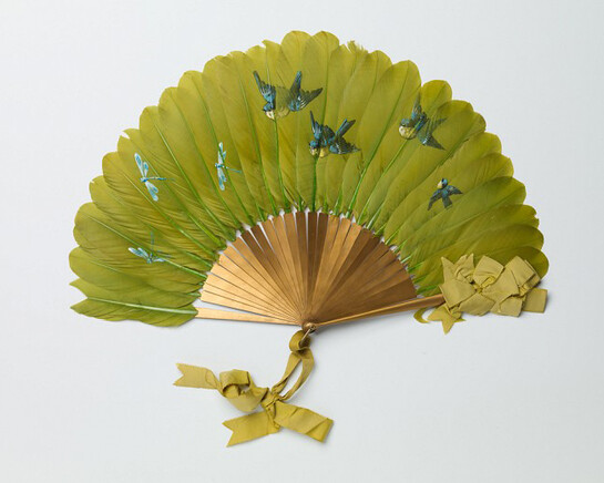 George Keiswetter, German, 19th century
Allen Fan Company, manufacturer, American, 19th century, Brisé fan, ca. 1890, Painted feathers; wood sticks, silk ribbon
Length: 21 cm (8 1/4 inches) Gift of Lila and Martha Wetherbee 56.203.27