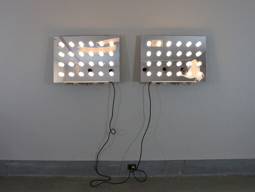 Anna Campbell, vs. Vanitas, 2014, mirrored acrylic, light bulbs, steel, electrical cords, 24 x 72 x 12 in