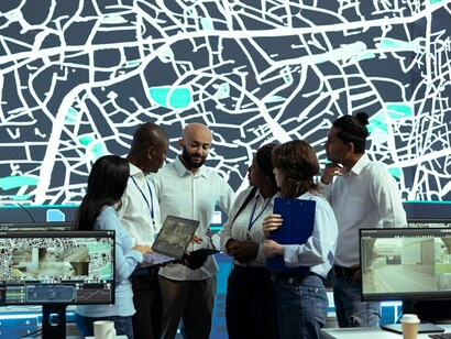 Employees from diverse backgrounds collaborate to harness the potential of geospatial technology, combining generative AI, data visualization, and machine learning to shape the future of digital transformation