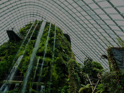 Explore stunning biophilic design exemplified by an architectural marvel boasting a flower dome garden and lush greenhouse forest, harmonizing nature's beauty with innovative architecture