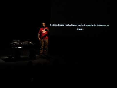 Rabih Mroué. Riding on a Cloud. Photo by Joe Namy