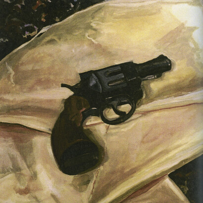 Margaret Harrison, Beautiful Ugly Violence (Gun), 2003, oil on canvas, 26 x 26 inches. Courtesy of Ronald Feldman Fine Arts, New York