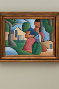 Apreciadora de arte observa quadro A Caipirinha de Tarsila do Amaral